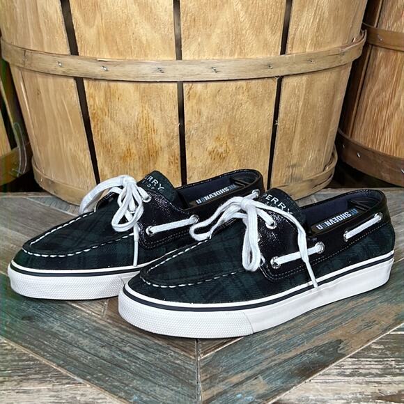 Sperry Biscayne Navy Green Plaid Patent Leather Boat Shoe Sneaker Women Size 5.5 - Picture 3 of 11